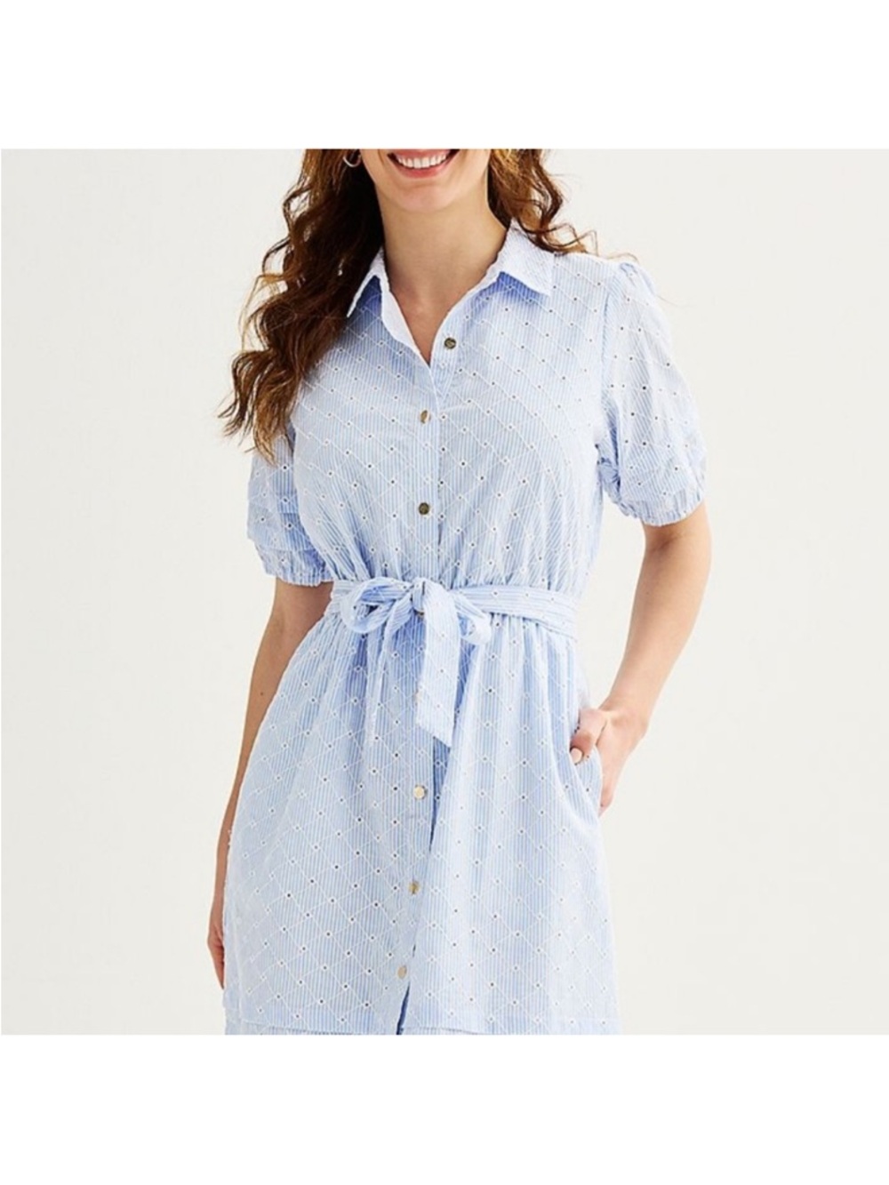 Draper James Light Blue Eyelet Button-Front Midi Dress with Tie Waist